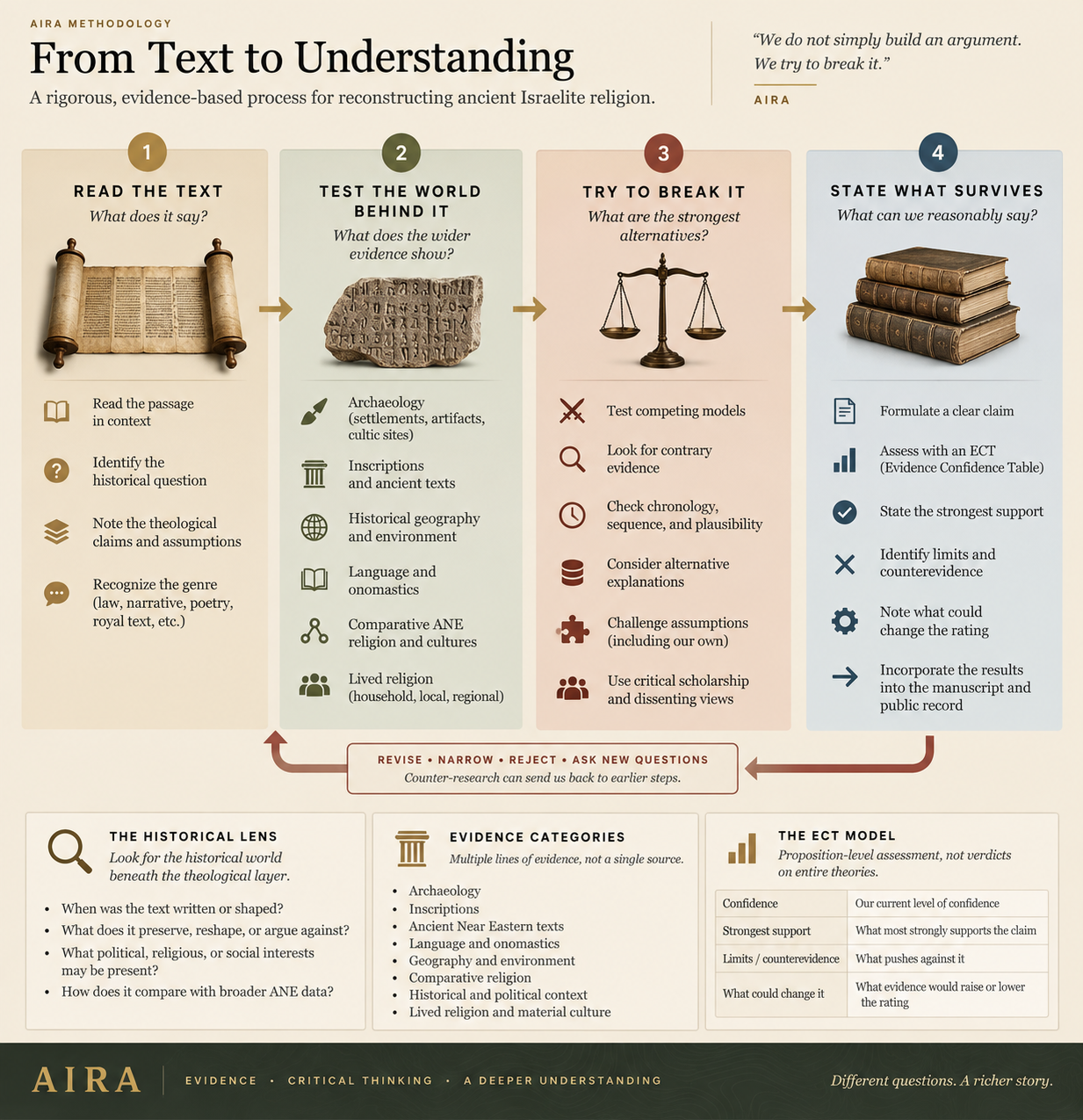 AIRA methodology infographic showing four stages: read the text, test the world behind it, try to break it through counter-research, and state what survives through claims and evidentiary confidence assessments.